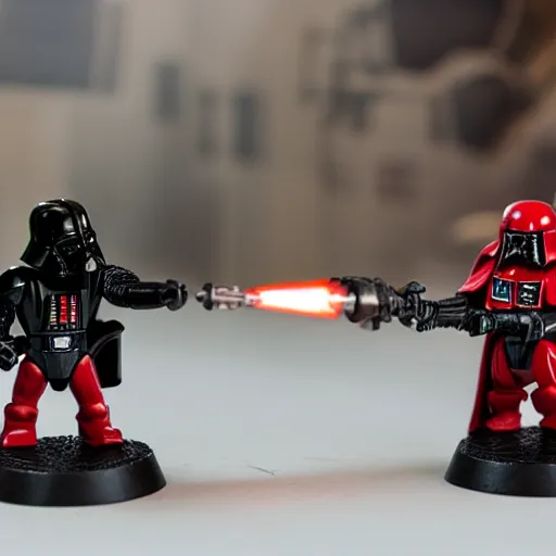 Prompt: Darth Vader painstakingly paints Warhammer 40,000 space marine minifigures at a table with a bright lamp, realism, depth of field, focus on darth vader,