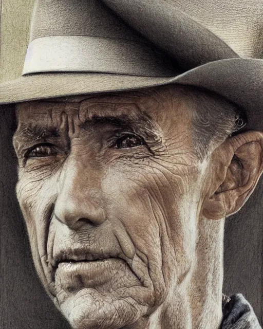 Image similar to high quality high detail pencil drawing by norman rockwell, hd, close up portrait, old cowboy, muted pastel colors, photorealistic lighting