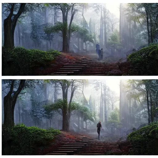 Image similar to a painting of a person walking up a set of stairs in a forest, a detailed matte painting by michael james smith, cgsociety, fantasy art, matte painting, cryengine, vray