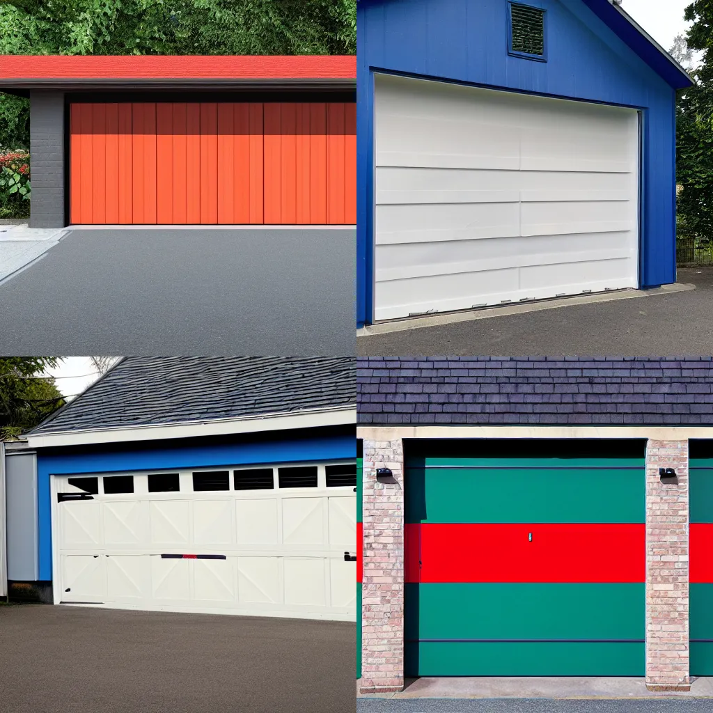 Prompt: Blue garage door marked by alignment of three red upright equilateral triangles and four green squares on the bias.