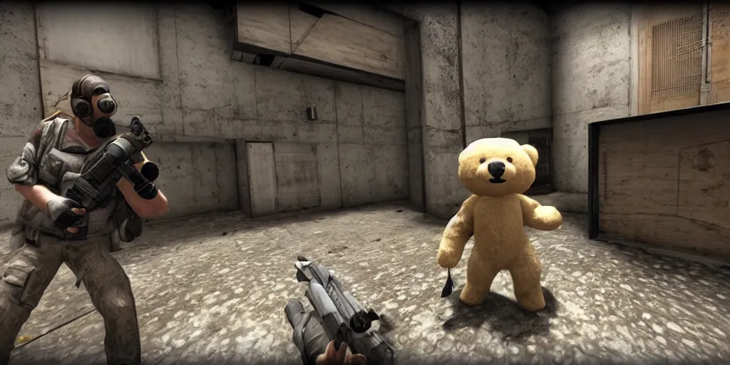 Image similar to a screenshot of a teddy bear inside a counter strike game, the teddy bear is holding a gun, the teddy bear is aiming at another teddy bear