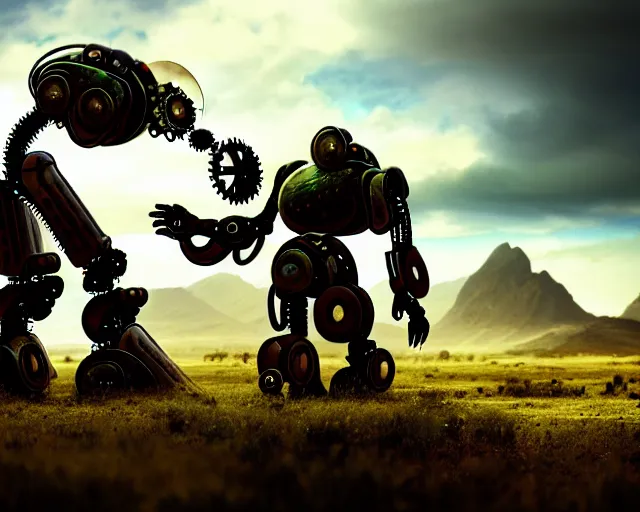 Image similar to two giand futuristic Sci-Fi robot fighting each other, landscape, steampunk, gears, close up, cloudy, mountains on background, peaceful day