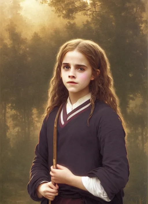 Image similar to painting. [ young ] emma watson as hermione granger 2 0 0 4. prisoner of azkaban. cheerful. happy. smiling. art by william adolphe bouguereau. during golden hour. extremely detailed. beautiful. 4 k. award winning.