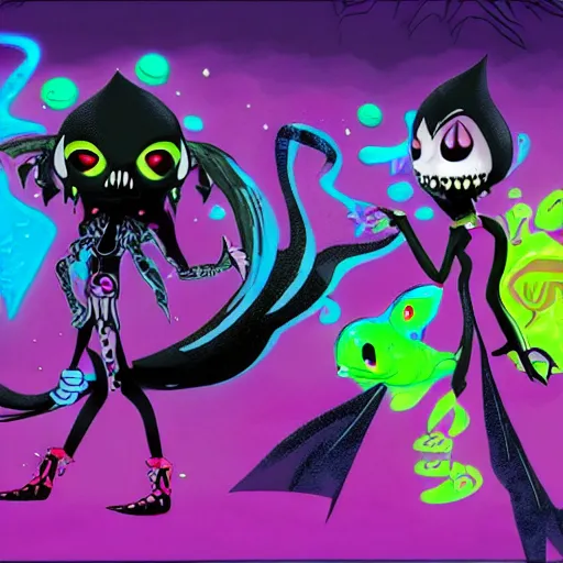 Prompt: lisa frank gothic emo punk vampiric rockstar vampire squid with translucent skin concept character designs of various shapes and sizes by genndy tartakovsky and splatoon by nintendo for the new hotel transylvania film starring a vampire squid kraken monster rockstar--n 9