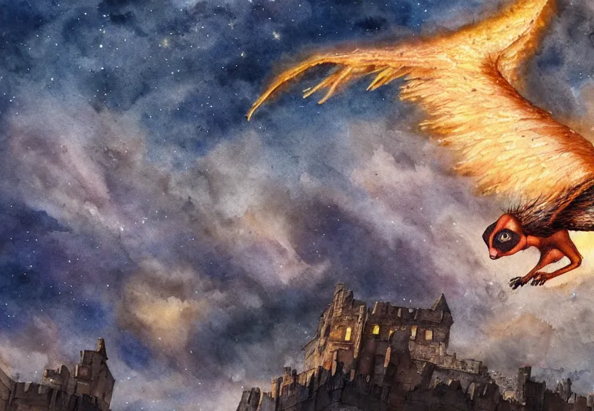 Image similar to the legendary fire winged possum is flying over a medieval castle under the dark starred sky, dark fantasy, watercolor, dreaming illusion, highly detailed, 4k, trending on Artstation, award-winning