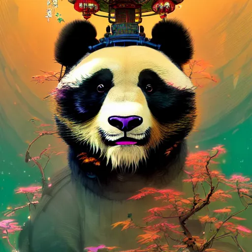 Image similar to a beautiful hyperdetailed character design 4 k wallpaper illustration of a cute panda with a chinese lion dance head victo ngai cyberpunk style, from china, style of studio ghibli, makoto shinkai, raphael lacoste, louis comfort tiffany, artgerm, james jean, ross tran, chinese style