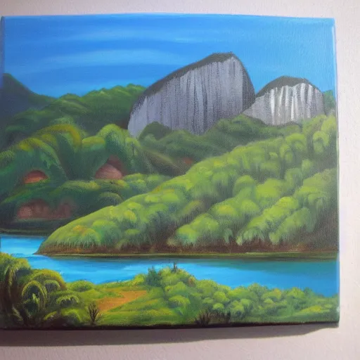 Prompt: acrylic painting of a lush natural scene on an alien planet by ray hassard. very detailed. beautiful landscape. weird vegetation. cliffs and water.