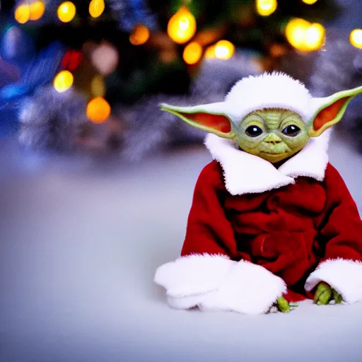 Prompt: , baby yoda wears a christmas outfit in front of a christmas tree. there is snow everywhere. digital art, portrait, realism, 8 k, 4 k, mandalorian ( tv ).