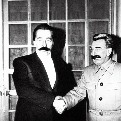 Image similar to photo of stalin and trump shaking hands, award winning photo, 3 5 mm camera, colour