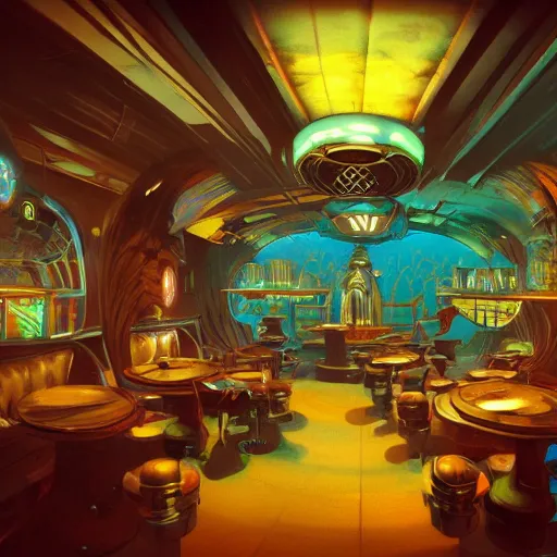 Image similar to beautiful Peter Mohrbach and tyler edlin highly detailed illustration of an underwater art deco lounge. bioshock, rapture, trending on artstation