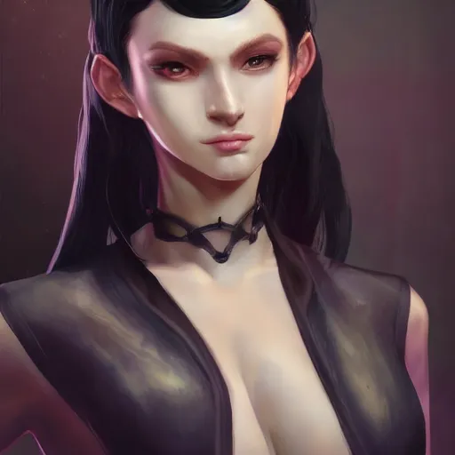 Image similar to tall woman with black hair and pale skin, from league of legends, as human, au naturel, hyper detailed, digital art, trending in artstation, cinematic lighting, studio quality, smooth render, unreal engine 5 rendered, octane rendered, art style by klimt and nixeu and ian sprigger and wlop and krenz cushart!