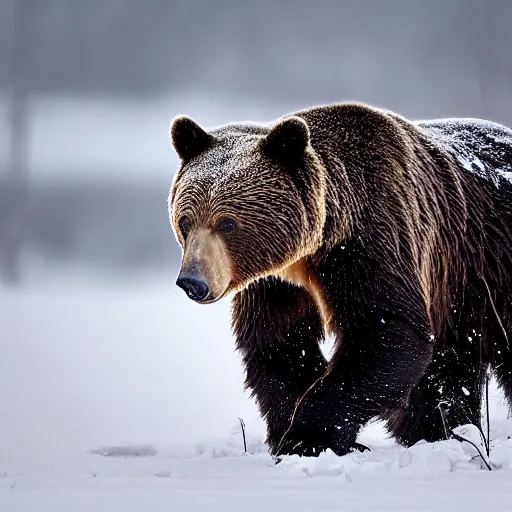 Image similar to Photorealistic photograph of a bear in snow by Sergey Gorshkov, photorealism, photorealistic, realism, real, highly detailed, ultra detailed, detailed, f/2.8L Canon EF IS lens, Canon EOS-1D Mark II, Wildlife Photographer of the Year, Pulitzer Prize for Photography, 8k