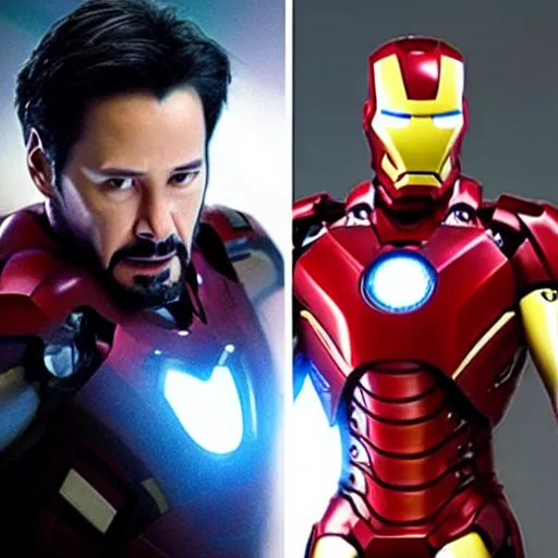 Image similar to Keanu Reeves as Iron Man, photorealistic, cinematic lighting