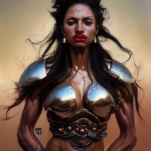 Prompt: detailed oil portrait of tall hyper - muscular shining bronze - skinned warrior woman with silver eyes, full body, with long wavy flowing black hair and big gold earrings, jewelry, red lipstick, makeup, feminine, volumetric lighting, dynamic composition, art by boris vallejo and sachin teng and sergey kolesov and ruan jia and heng z, scifi, concept art