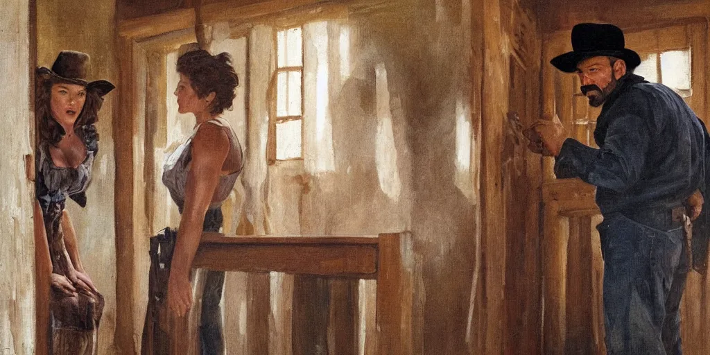 Image similar to in an old west cabin, close up portrait of beautiful Mila Jovovich ((alone)) in the doorway and Dave Bautista cowboy standing opposite ((alone)) at the window, arguing, symmetrical, in the style of Fredrick Remington, oil painting