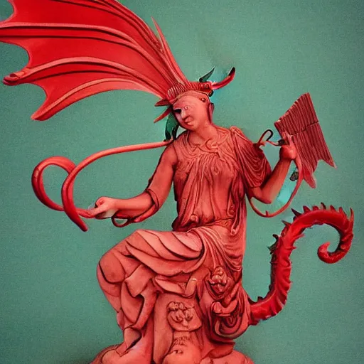 Prompt: Lady Liberty sitting on a red dragon, in the style of Guangjian Huang