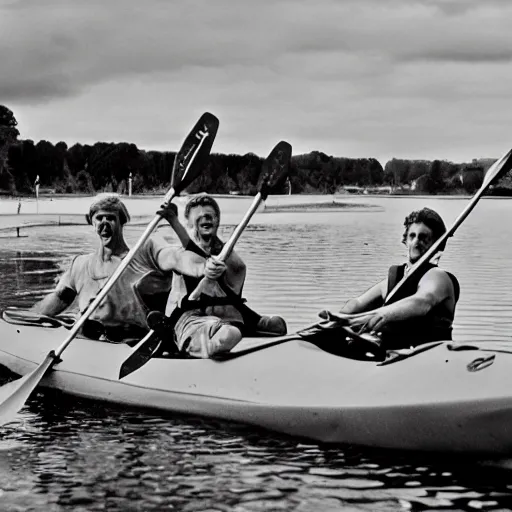 Prompt: mister rivers, johnny halliday and eddy barclay constructing a kayak in normandy, realistic, lomographie,