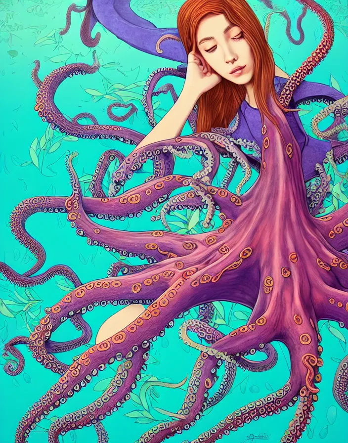 Image similar to richly detailed color  illustration of a female student, 'lost in an octopus's garden', large format image. illustrated by Artgerm. 3D shadowing.