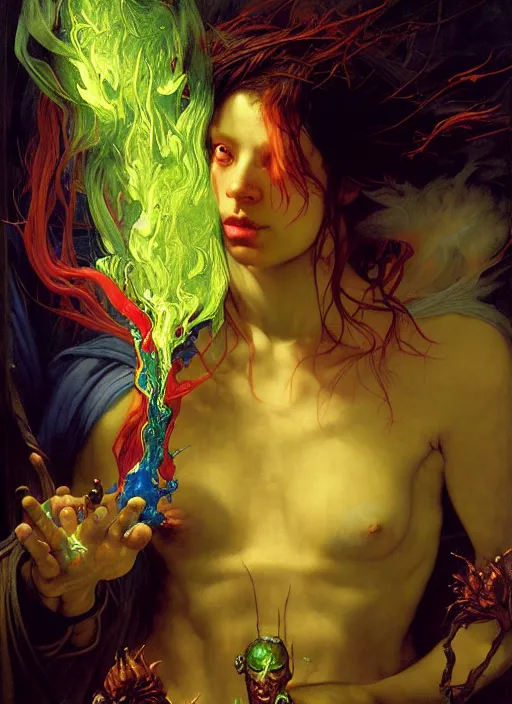 Prompt: wizard casting acid splash, dnd character art portrait, intricate fantasy painting, dramatic lighting, vivid colors, deviantart by edgar maxence and caravaggio and michael whelan and delacroix.