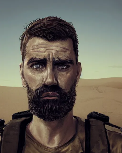 Image similar to portrait of muscular, tired and alcoholic 3 0 - year - old grieving man with short darkblonde hair, serious sad look in his eyes, looking down, dirty beard, blue eyes, crying tears, wearing dirty soldier uniform, on the desert, sad atmosphere, hyper realistic face, character art, art by mark brooks, cryengine, trending on artstation, digital art