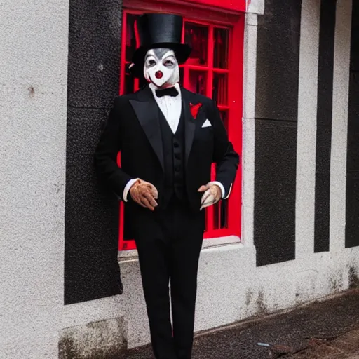 Prompt: badger wearing black tuxedo, red tie and a black tophat with a white stripe