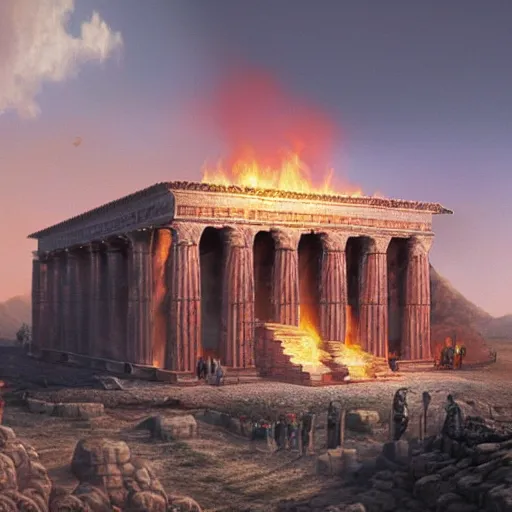 Image similar to a beautiful and realistic matte painting of the Temple of Herod aflame