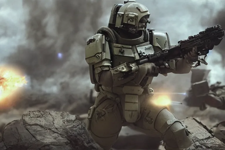 Image similar to VFX movie of a futuristic spacemarine in war zone, shooting gun natural lighting by Emmanuel Lubezki