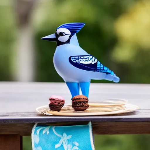 Prompt: a tall blue jay bird standing on top of a basket of macaroons on a table