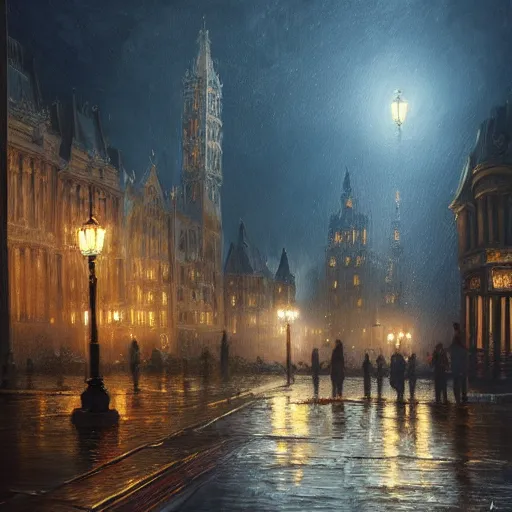 Image similar to A beautiful painting of Victorian city autumn night, hyperrealistic, artstation, detailed, cinematic lighting, concept art, photorealistic