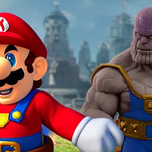 Prompt: super mario standing atop a defeated thanos, highly detailed, photorealistic