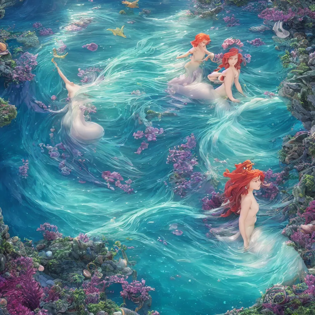 Image similar to a little mermaid in a long dress singing in the colorful ocean, correct human body and perspective, pearls and shells, fantasy art by ferdinand knab, makoto shinkai and ilya kuvshinov, rossdraws, tom bagshaw, trending onstudio ghibli, radiant light, highly detailed, octane render, 8 k