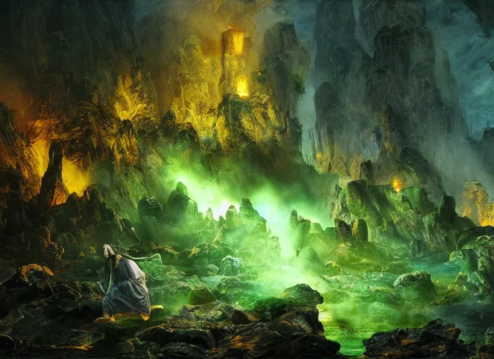 Image similar to a scene from hades, highly detailed, radiant lighting, green ambience, steam rising from rocky ground