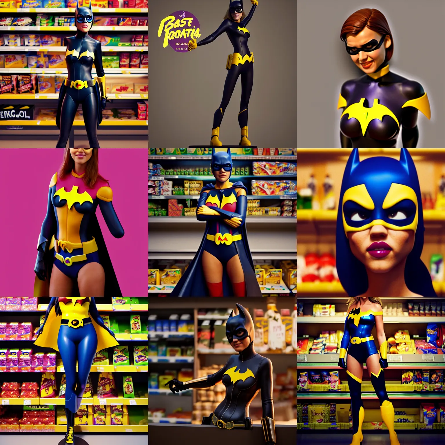 Prompt: jessica alba as batgirl standing atop a grocery display shelf : : octane render, artstation, weta, pixar, disney, soft, decadent, lustrous, polished : :