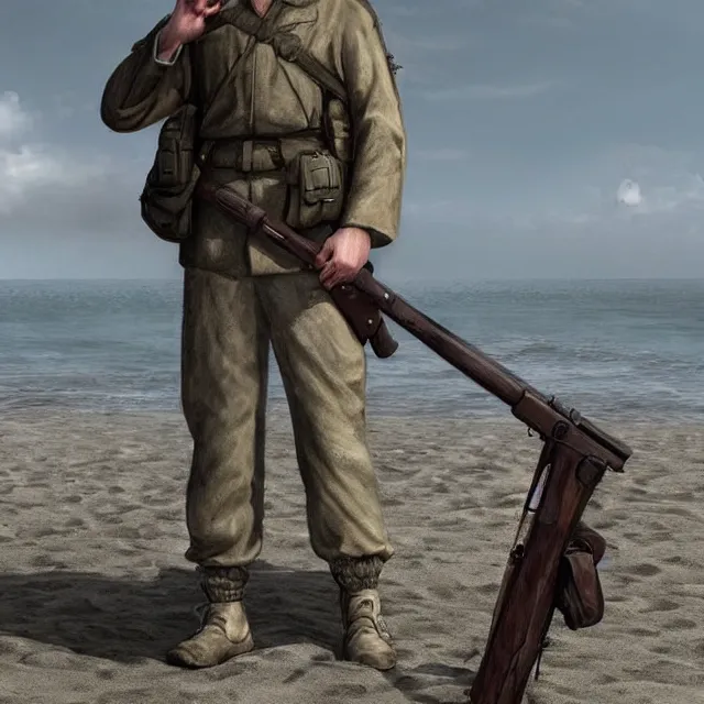 Image similar to jesus christ as a soldier on the beach during d - day trending on artstation deviantart pinterest photorealistic hd 8 k highlights and shadow detailed high resolution