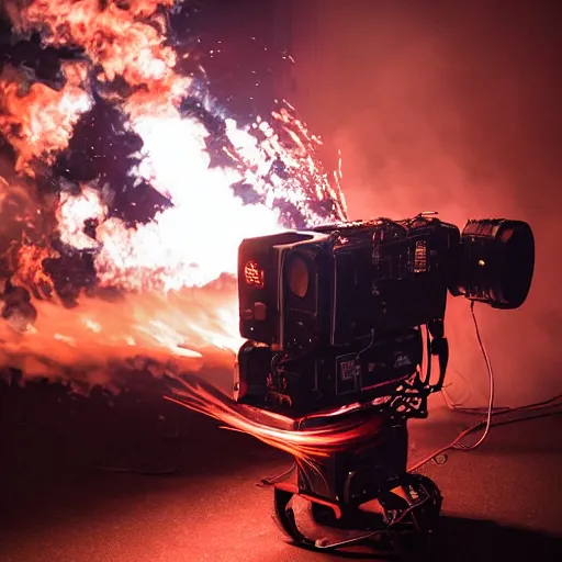 Image similar to a red helium cinema camera in flames at riverview in vancouver. cinematic. 8 k
