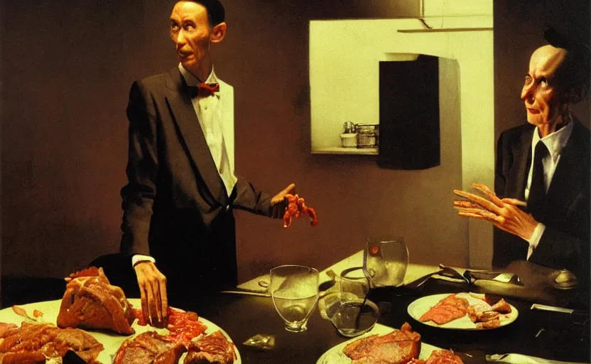 Prompt: a thin man wearing a suit screams at a bowl of meat on a table in a dark kitchen lit by a single bulb, painted by rick berry and norman rockwell and zdzislaw beksinski, highly detailed