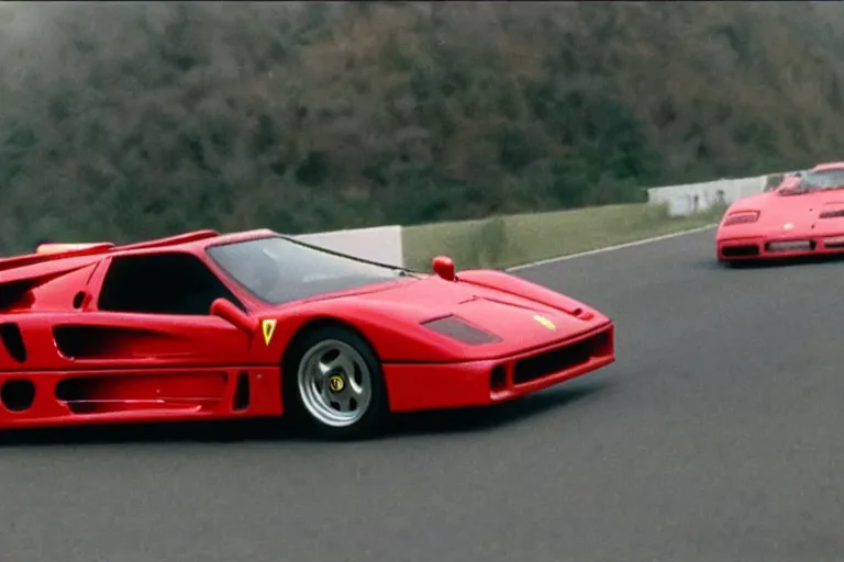 Prompt: vintage archival race footage of a single 1995 Ferrari F40, with elements of the De Tomaso Pantera, Lotus, GT40, BMW M1, and Countach, movie still, speed, cinematic Panavision 5384 film