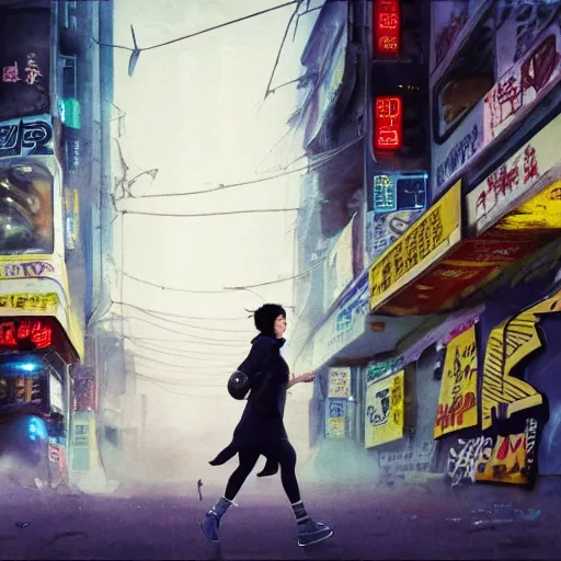 Image similar to incredible wide screenshot, ultrawide, simple watercolor, rough paper texture, ghost in the shell movie scene, backlit distant shot of girl in a parka running from a giant robot invasion side view, yellow parasol in deserted dusty shinjuku junk town, broken vending machines, bold graphic graffiti, old pawn shop, bright sun bleached ground, mud, fog, dust, windy, scary robot monster lurks in the background, ghost mask, teeth, animatronic, black smoke, pale beige sky, junk tv, texture, brown mud, dust, tangled overhead wires, telephone pole, dusty, dry, pencil marks, genius party,shinjuku, koji morimoto, katsuya terada, masamune shirow, tatsuyuki tanaka hd, 4k, remaster, dynamic camera angle, deep 3 point perspective, fish eye, dynamic scene