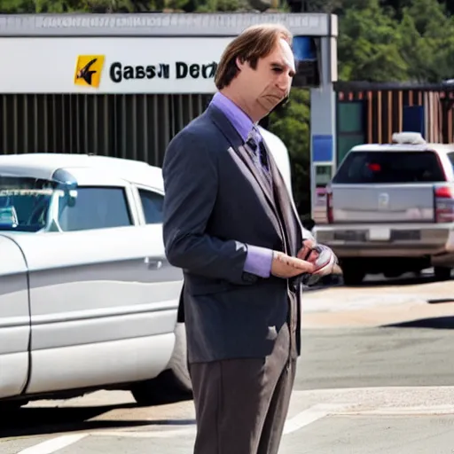 Image similar to saul goodman smoking in front of a gas station