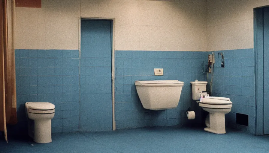 Prompt: 60s movie still of a sovietic stalinist style empty light blue tiles room with many toilets, cinestill 800t 50mm eastmancolor, liminal Space style, heavy grain-s 150
