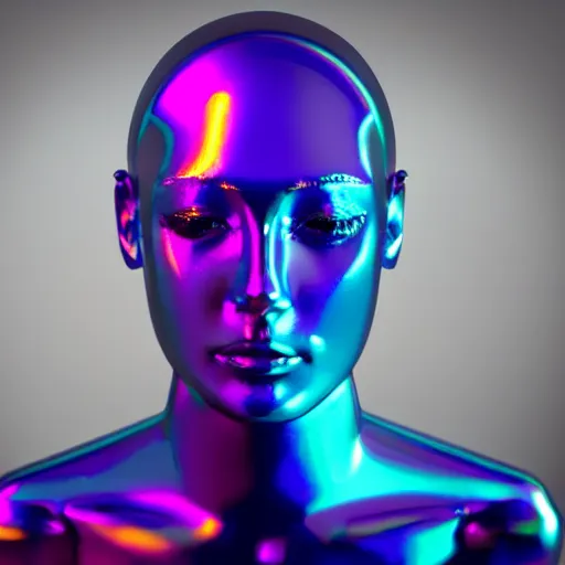 Image similar to 3d render of holographic human robotic head made of glossy iridescent, surrealistic 3d illustration of a human face non-binary, non binary model, 3d model human, cryengine, made of holographic texture, holographic material, holographic rainbow, concept of cyborg and artificial intelligence