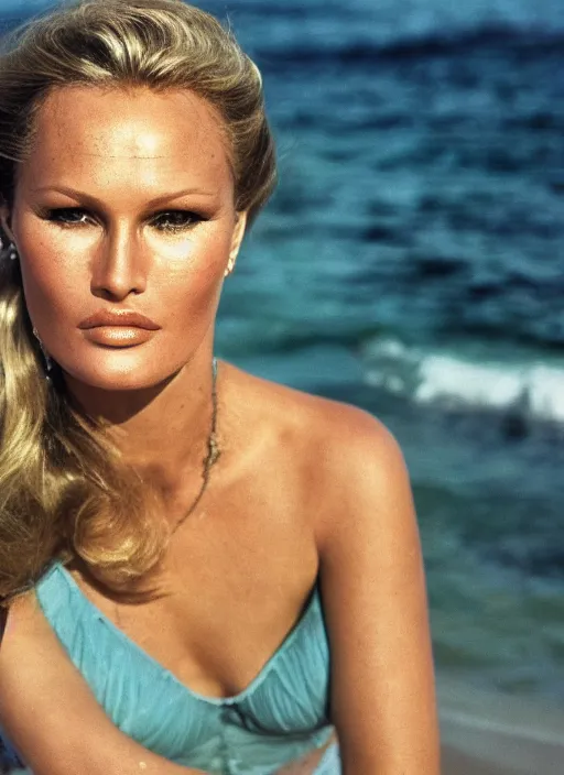 Image similar to A hyper realistic and detailed head portrait photography of Ursula Andress of Dr No walking on a secluded beach. by Cameron Hammond. 1980s art deco revival style. Cinematic. Golden Hour. Kodak Portra 400. Lens flare. 85mm lens