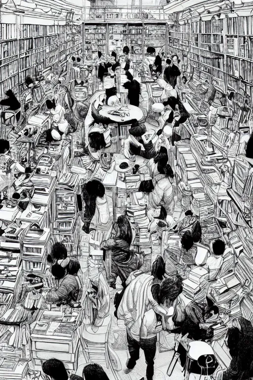 Image similar to surreal line art by kim jung gi!, an extremely busy coffee and book shop store, couches and chairs and tables, lazy women and men everywhere drinking and eating, rule of third!!!!, line art, 8 k, super detailed, high quality, isometric view
