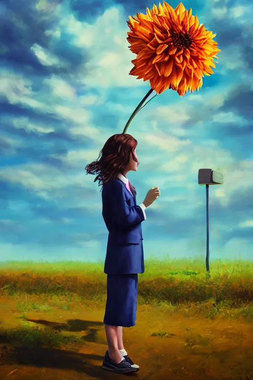 Prompt: closeup giant dahlia flower head, girl in a suit on a street, surreal photography, blue sky, sunrise, dramatic light, impressionist painting, digital painting, artstation, simon stalenhag