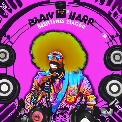 Image similar to svg sticker of a Dancing-Ben-Harper-Snoop-Spike-Lee-with-a-large-Afro-Puff, at a rave, spinning records, giant headphones rocking out, wearing headphones, huge speakers, dancing, rave, DJ, spinning records, digital art, amazing composition, rule-of-thirds, award-winning, trending on artstation, featured on deviantart