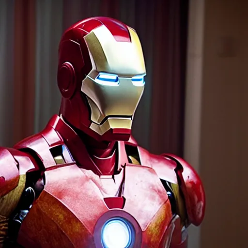 Image similar to ironman looks like a cooked bone - in ham on his head, movie still, 8 k