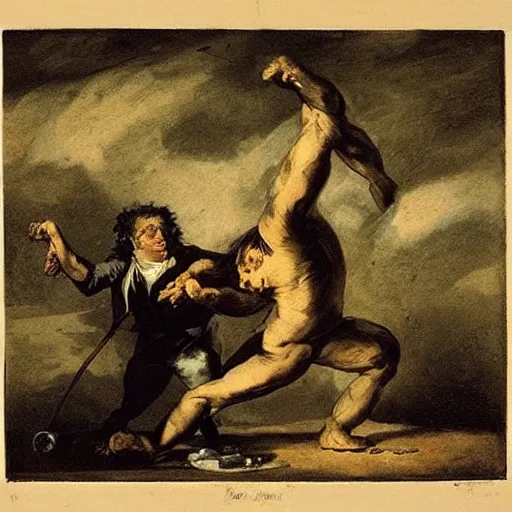 Image similar to “ cripple fight, by goya ”