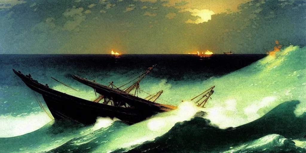 Prompt: “ ( ( ( ( ( boat on fire in rough ocean waves ) ) ) ) ) painted by caspar david friedrich and ivan aivazovsky and winslow homer!!!!!!!!!! ”