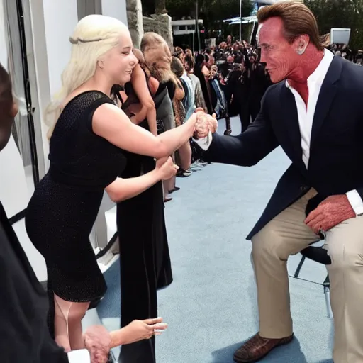 Prompt: Daenerys Targaryen from game of thrones meet and shaking hands with arnold schwarzenegger