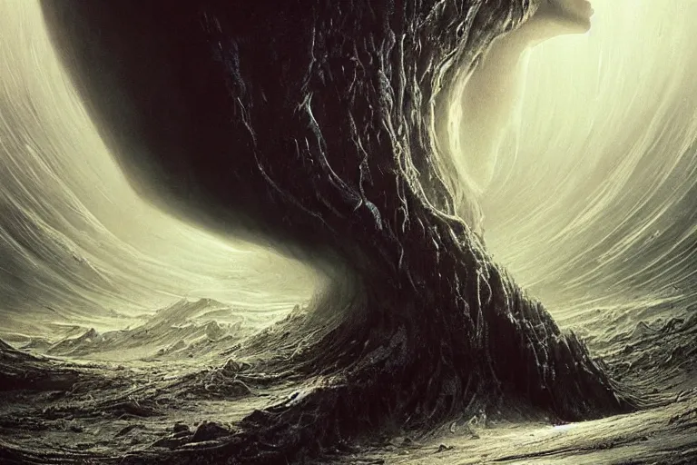 Image similar to maelstrom, gehenna, the abyss looks back, chaos, the world without form and void, amazing concept painting by Jessica Rossier and HR giger and Beksinski